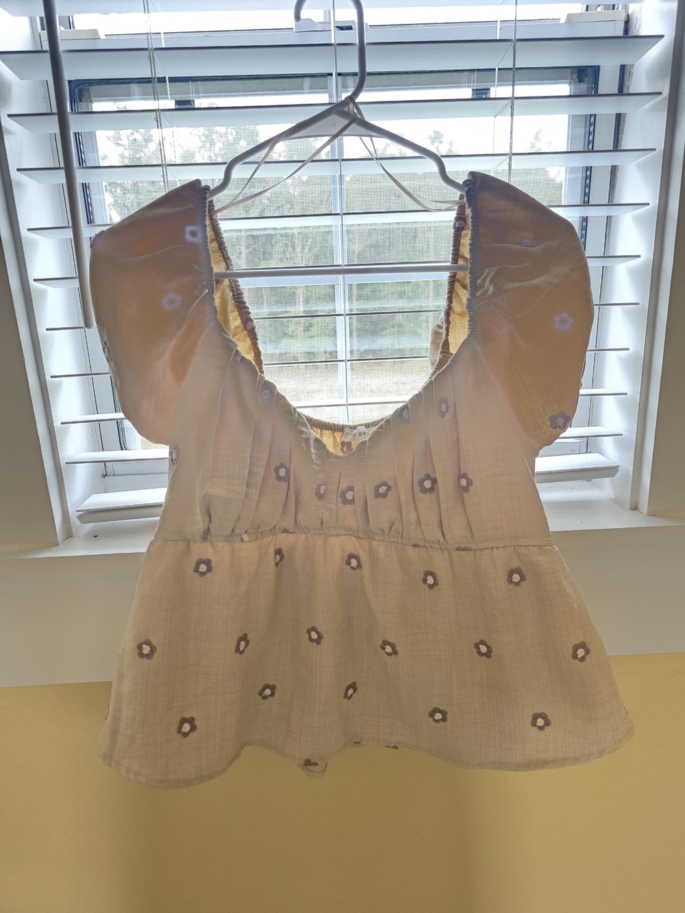 Blu Pepper Tan Puff-Sleeve Peplum Top with Embroidered Flowers